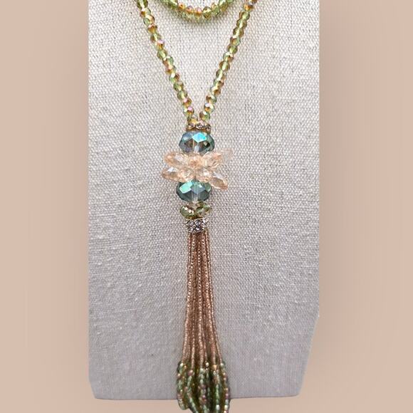 Champagne Beaded with Borealis Accents Long 3Necklace with Tassel - Picture 2 of 6